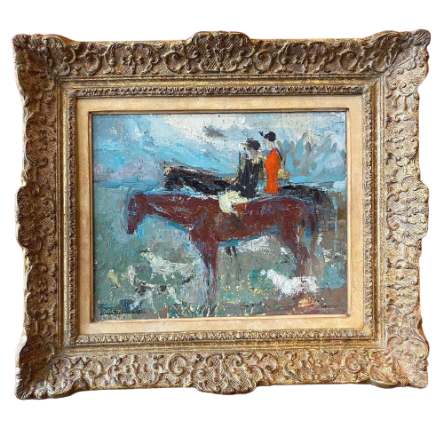Cadre restauré en dorure à la feuille d'or encadrant un tableau équestre